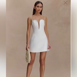 MESHKI KINGSLEY Beaded Pearl-Trimmed Ivory Mini Dress with Deep Plunge V